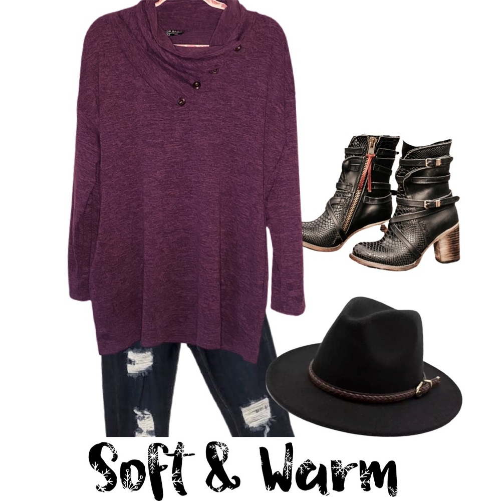 Purple Cowl Neck Sweater W/Button Detail, Size 2X